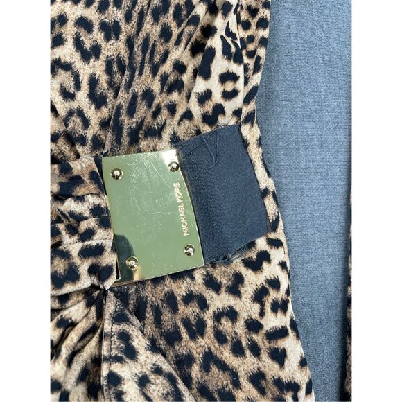 Michael Kors Leopard Print Ruched Dress Women M Brown Animal Long Sleeve Chic - Picture 2 of 10